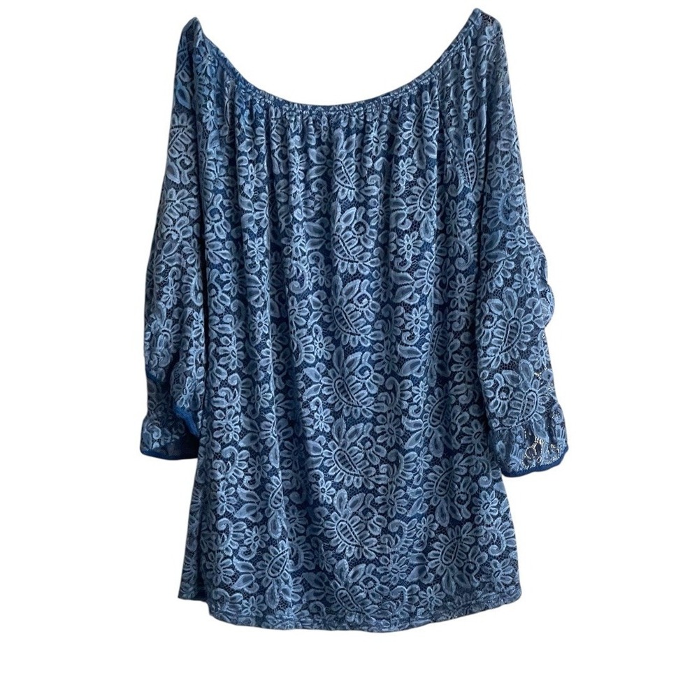 Lildy Women Sz XL Full Lace Tunic Blue Floral 3/4 Bell Sleeve Lined Blouse boho - Picture 2 of 7